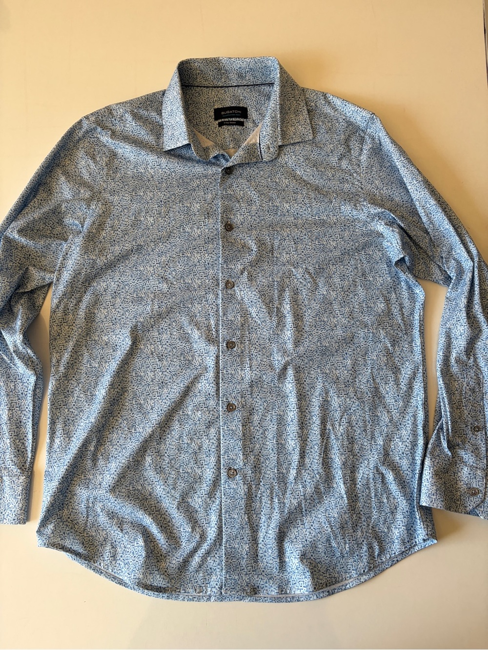 Bugatchi blue printed cotton tech stretch button down long sleeve shirt large